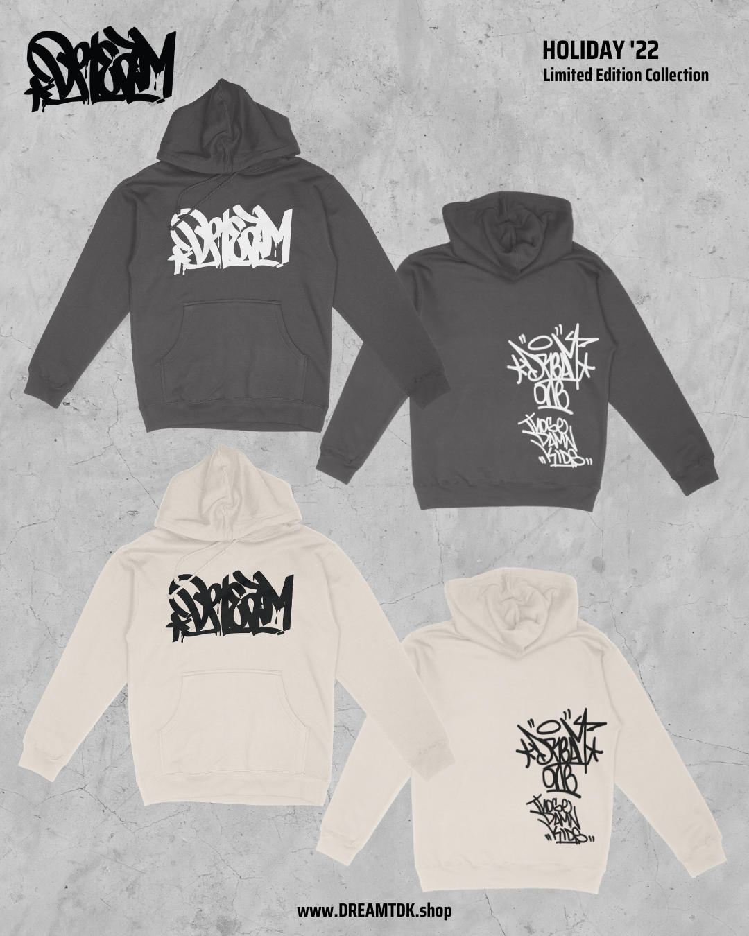 Charcoal Gray DREAM TDK hoodie on top / Light Cream colored hoodie